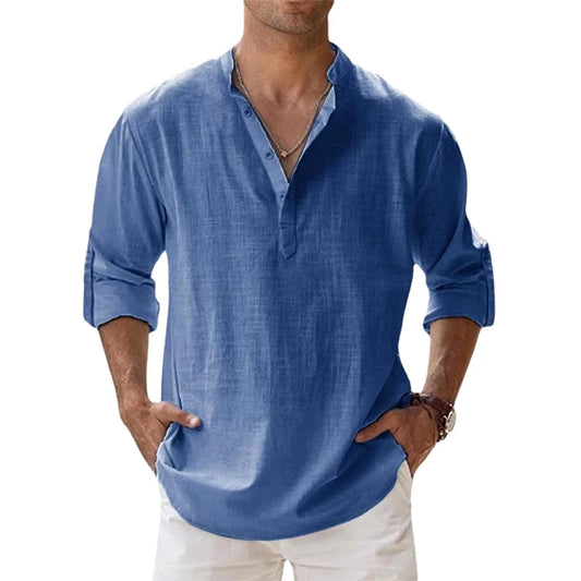 Men's Cotton Linen Henley Shirt – Lightweight, Long Sleeve Casual Beachwear